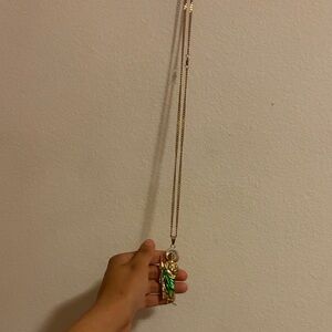 Gold-Tone Necklace with Green-Enamel Saint Pendant